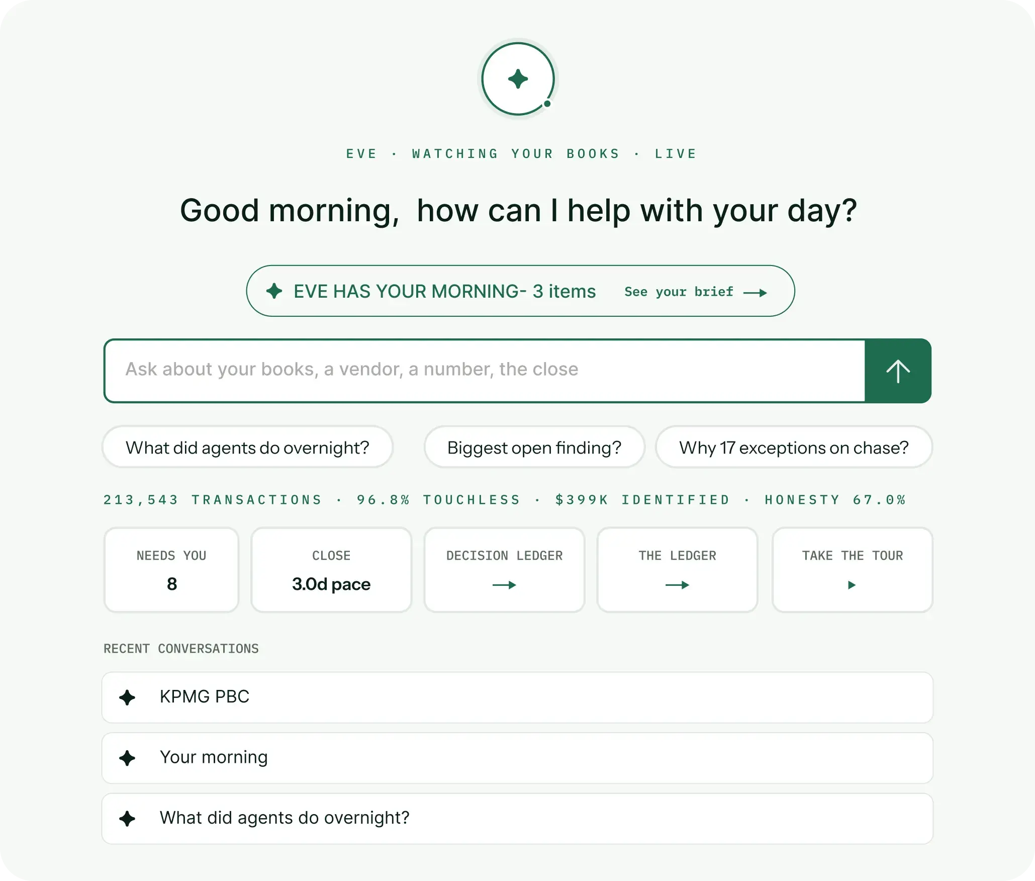 Eve, Rever's AI finance agent, showing this morning's brief, suggested questions, and recent conversations