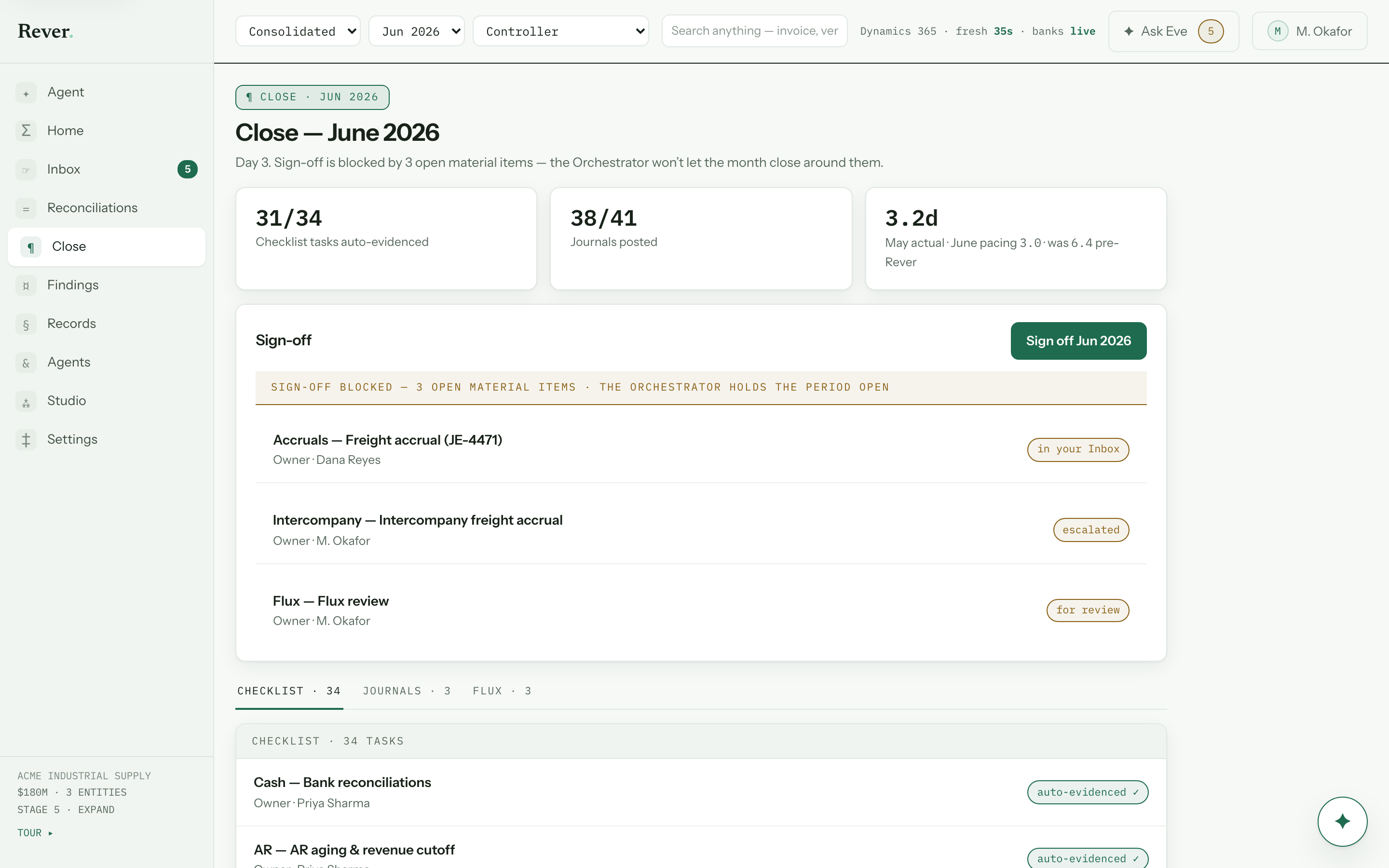 Rever close — checklist and evidence
