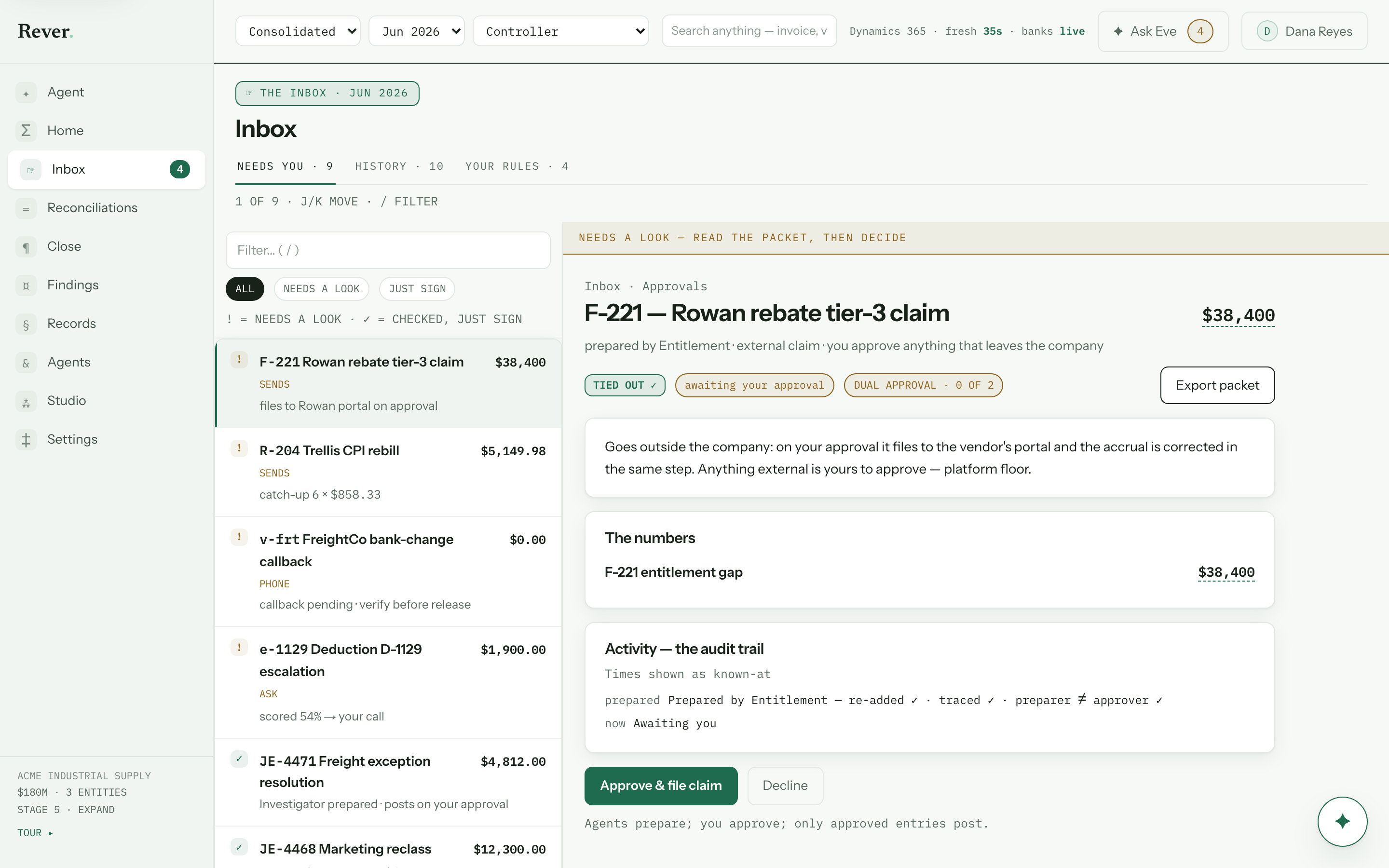 Rever inbox — packets awaiting approval