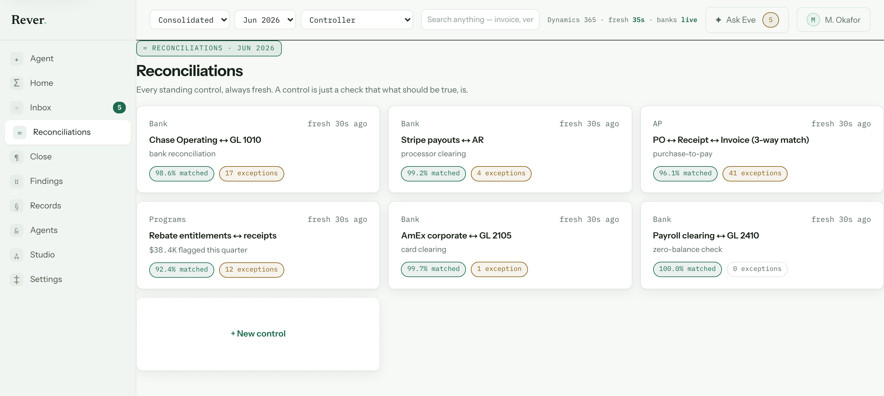 Rever reconciliations — standing controls and match rate